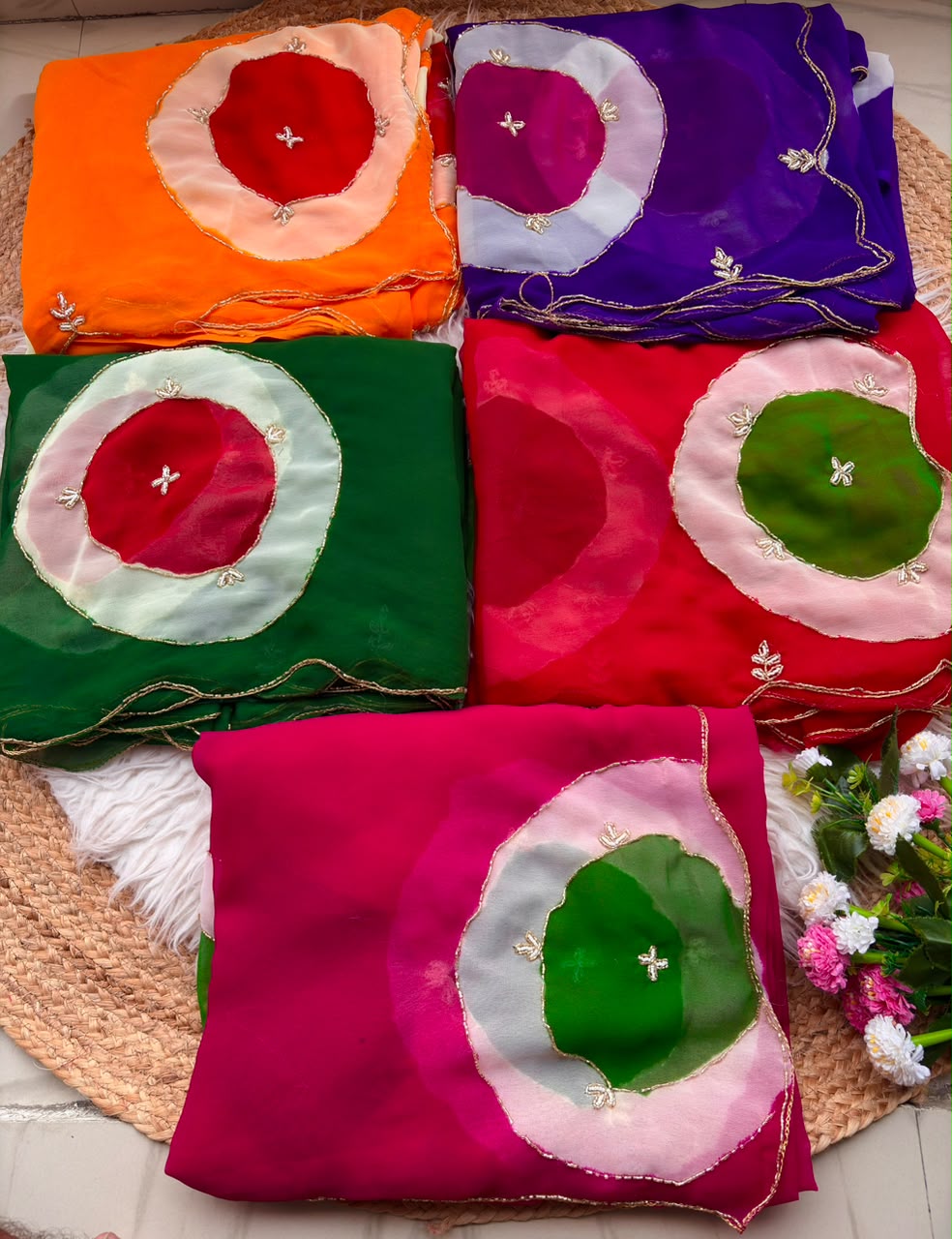 Georgette Handwork Saree with Circular Patchwork Border
