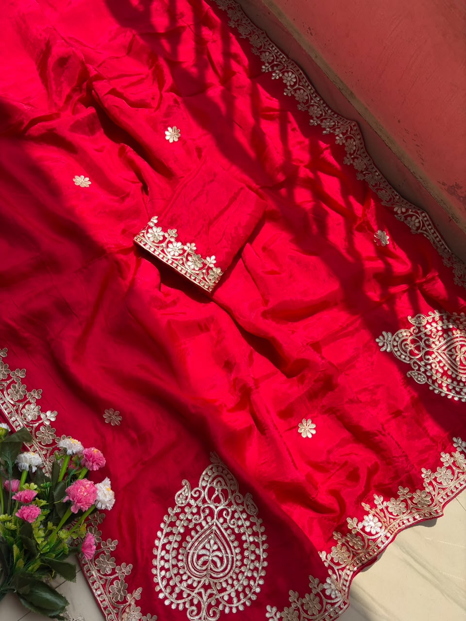 Rani Red Upada Silk Saree with Heavy Gotta Patti and Dori Work, C Pallu